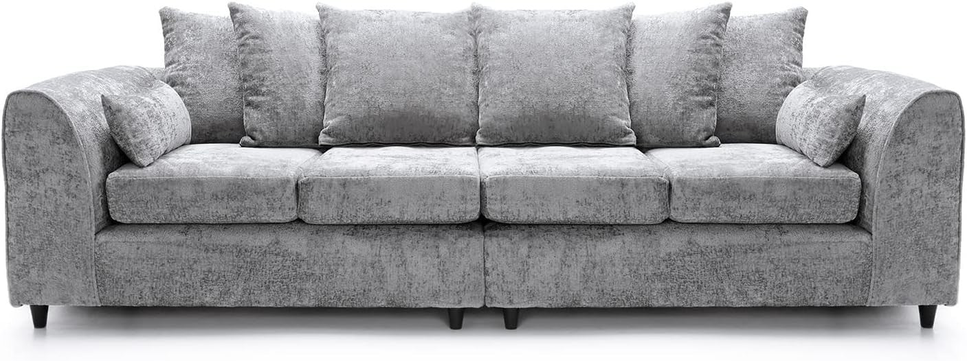 Spacious 4-Seater Sofa Silver Chenille Fabric Deep Cushions Durable Frame
