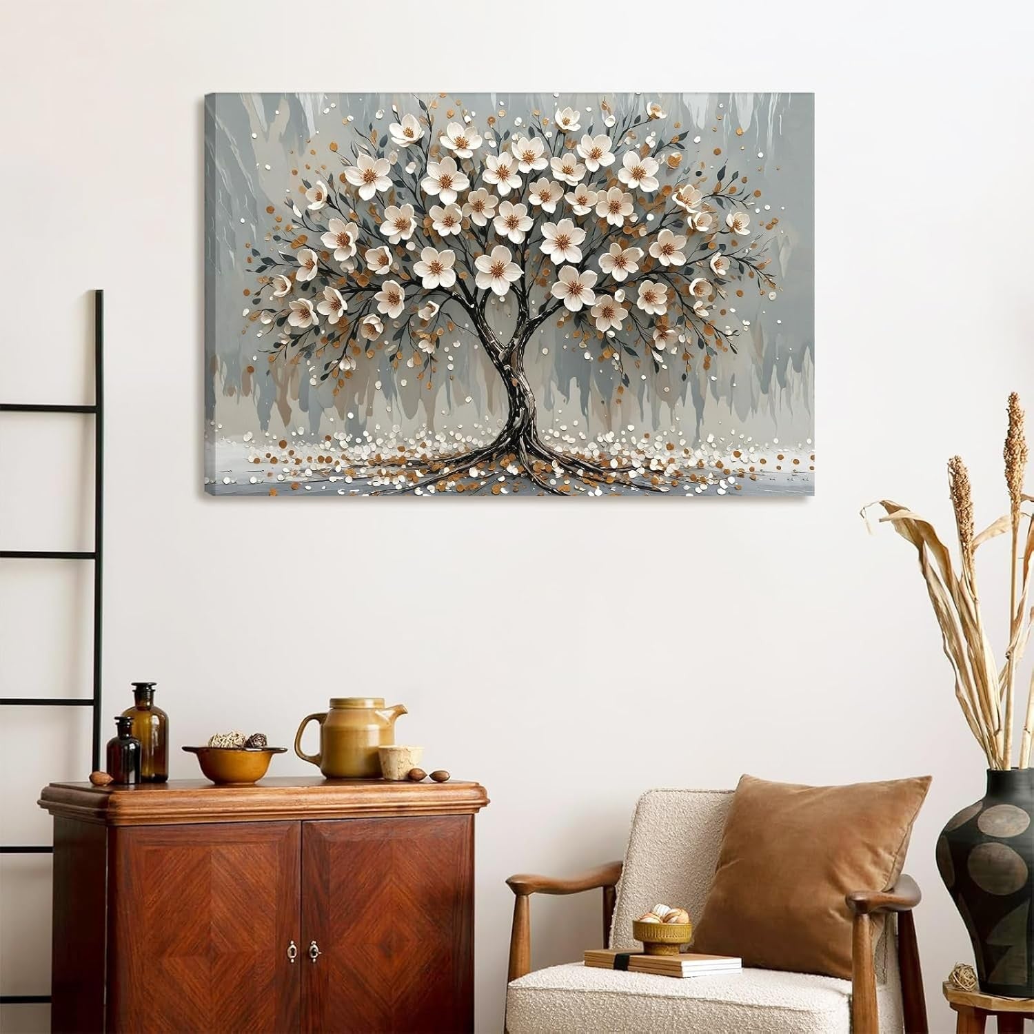 White Floral Tree Canvas Wall Art Framed Modern Living Room Decor 59x39cm