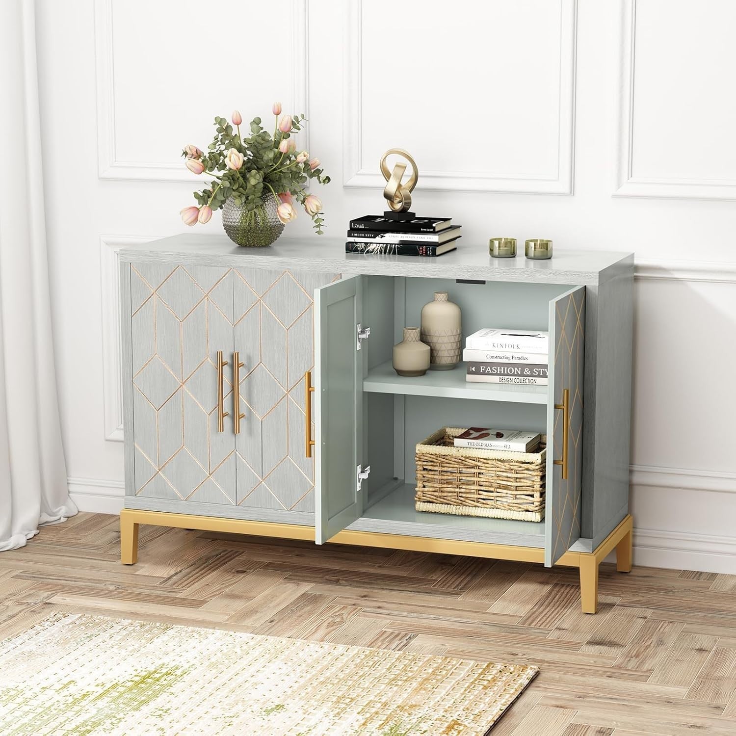 Luxury 4 Door Sideboard Cabinet Storage Unit Gold Trim Buffet Cupboard