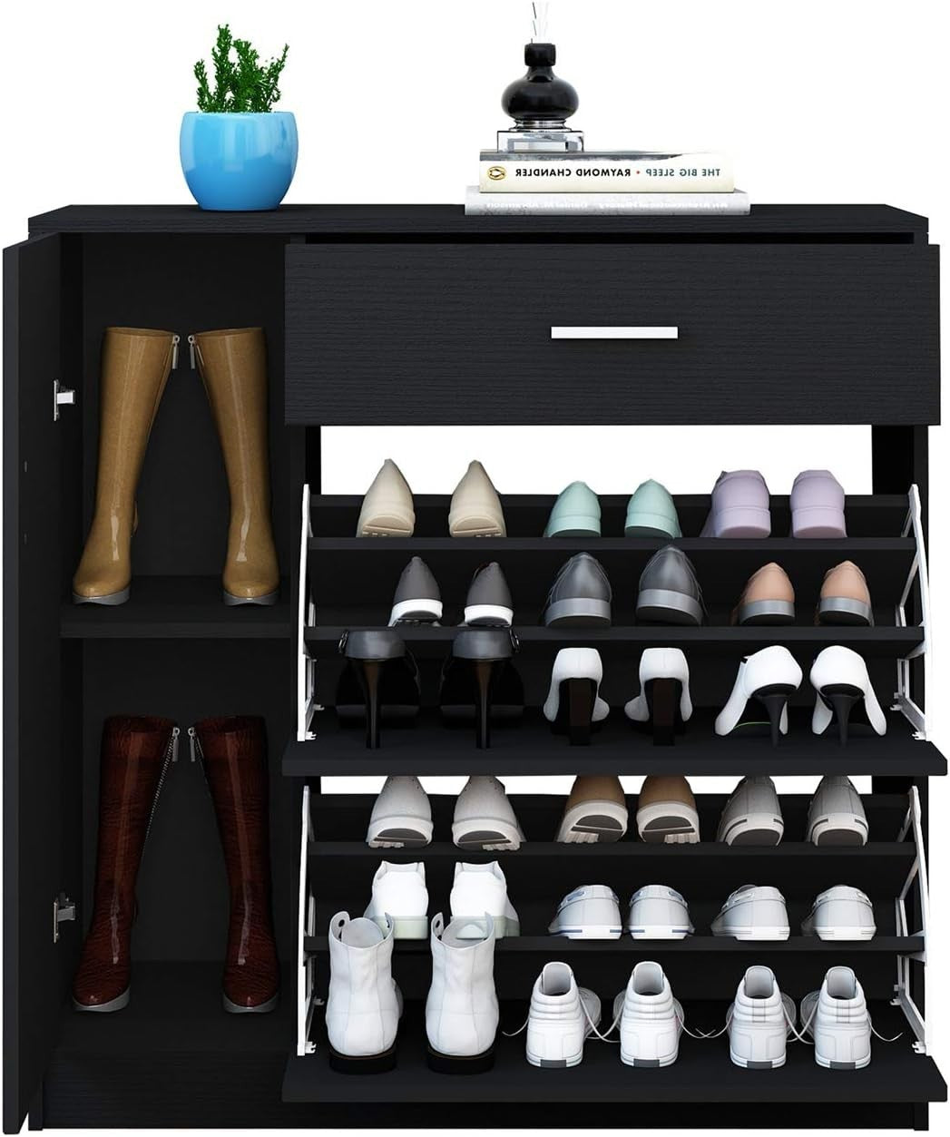 Modern 2-Drawer Wooden Shoe Cabinet Organizer for 18 Pairs Shoes Black