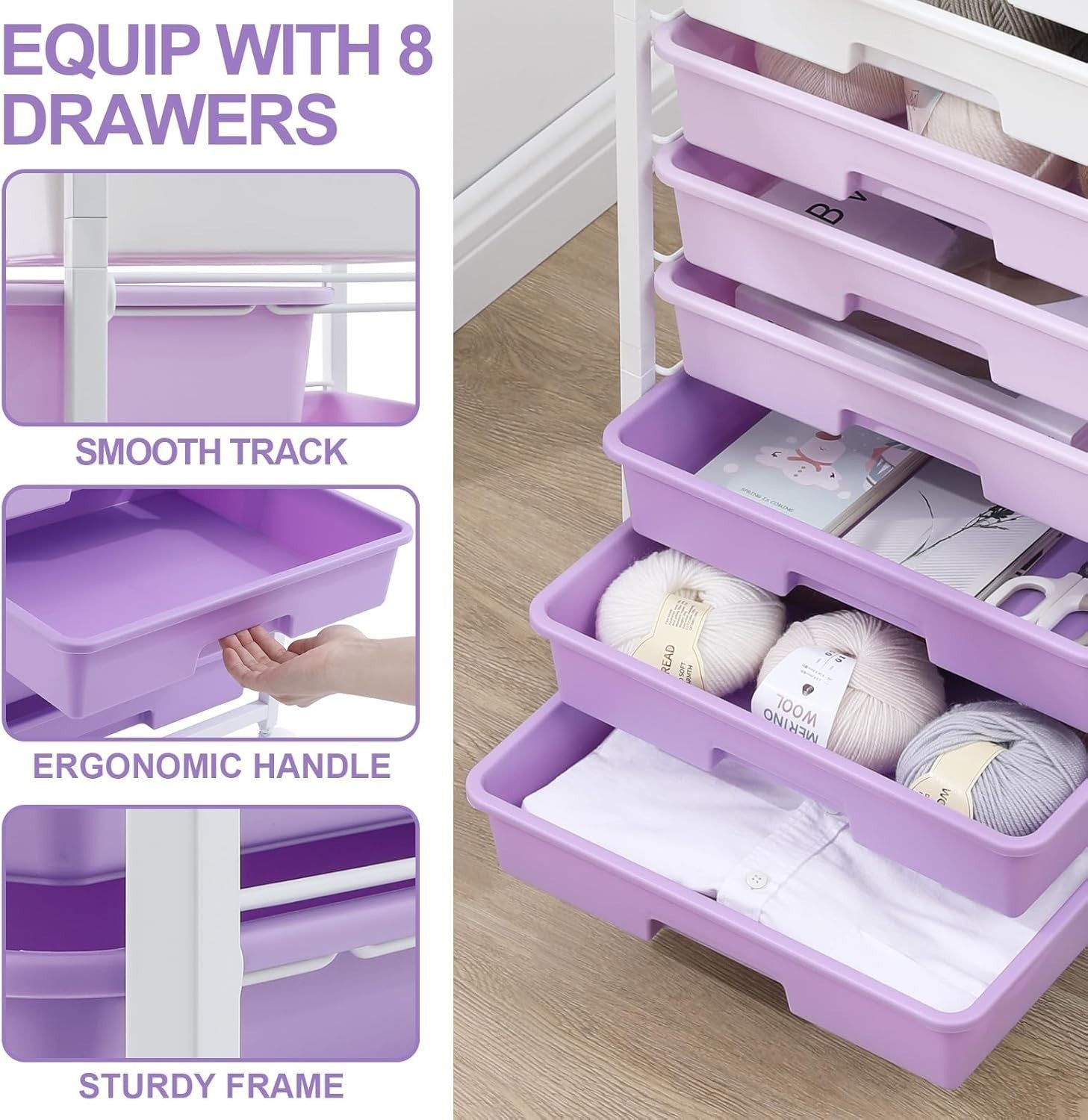 8 Drawer Mobile Storage Cart Purple Rolling Organizer Trolley Wheels