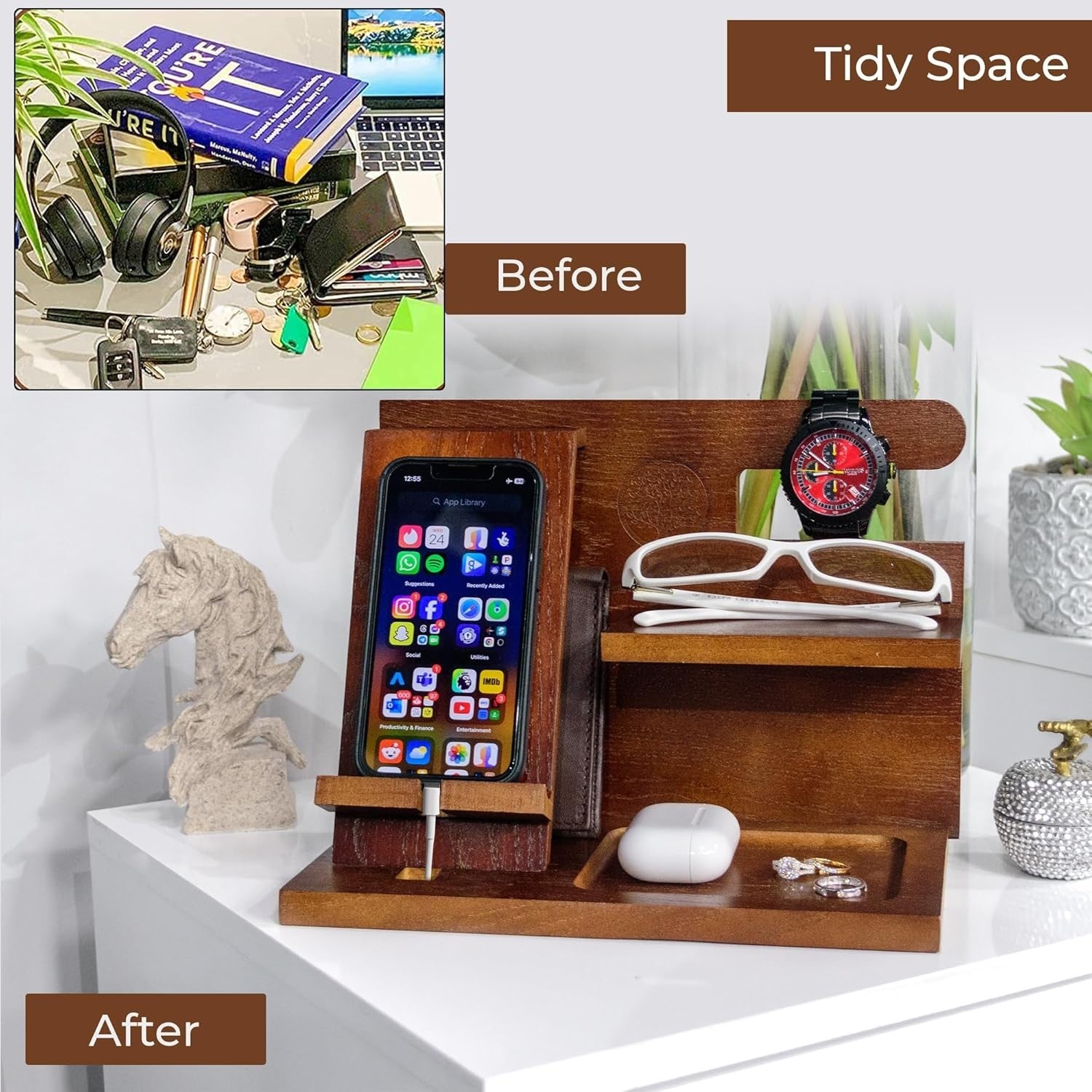 Wooden Desk Organizer & Phone Docking Station for Men – Bedside Caddy