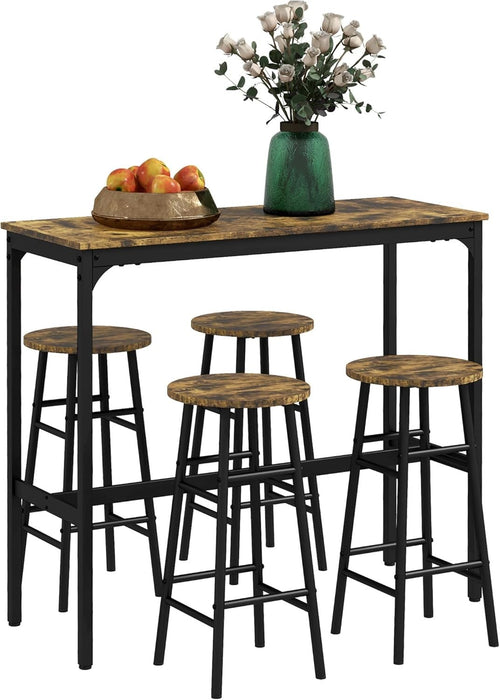 5-Piece Bar Table Set with 4 Stools, Rustic Brown Space-Saving Dining Set
