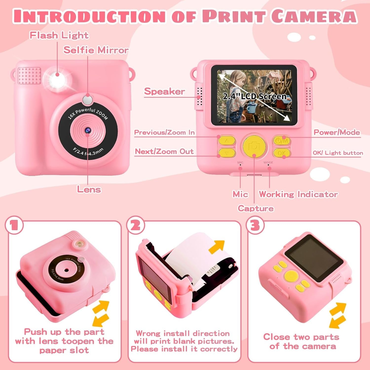 Kids Instant Print Camera Pink 1080P HD Toy Camera Gift for Girls 3–10 Years