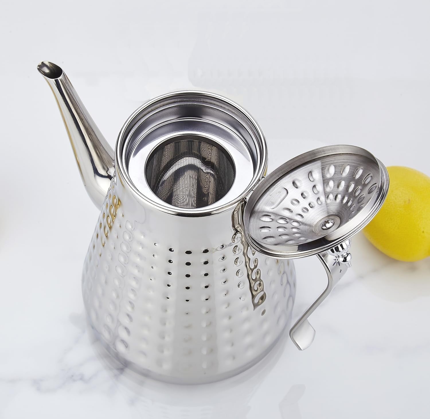 Stainless Steel Teapot 60oz 1.8L Tea Pot w/ Infuser Hammered Finish