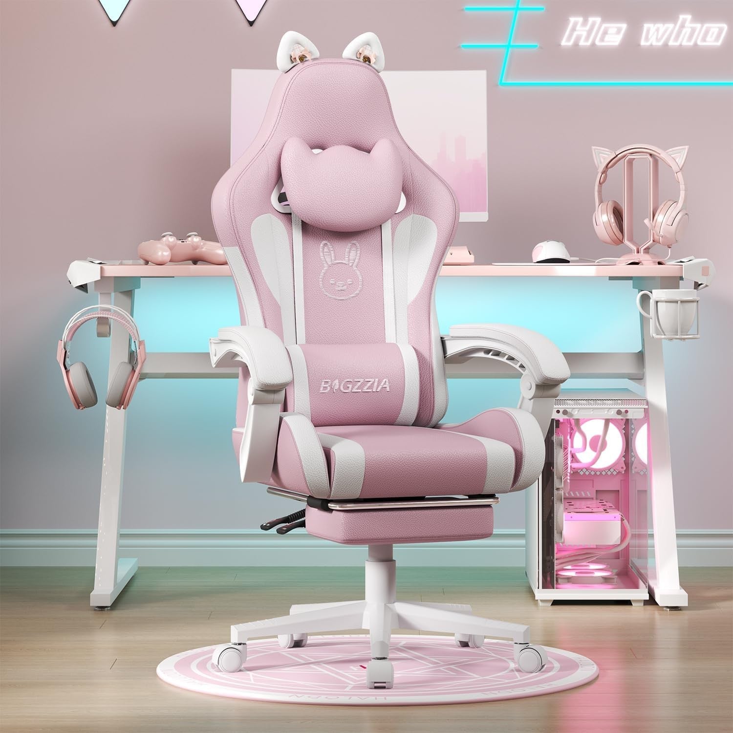Pink Gaming Chair Cat Ears Massage Lumbar Recliner