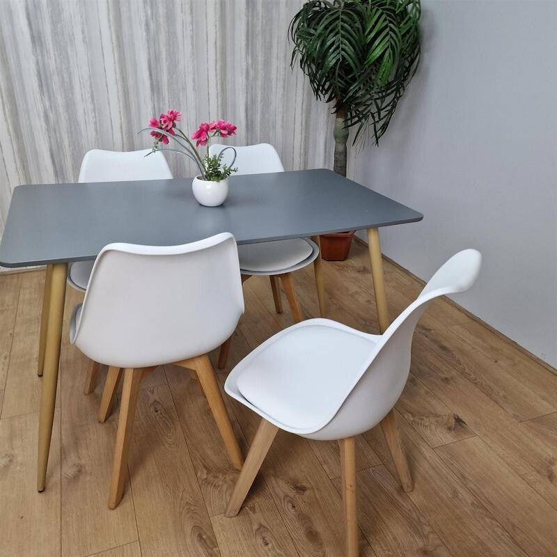 4 Seater Grey Dining Table with White Tulip Chairs – Modern Kitchen Set