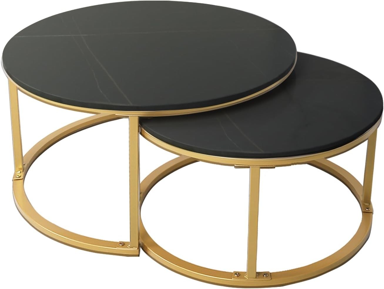 Black Gold Nesting Coffee Table Set Stone Top End Side Tables Round Modern