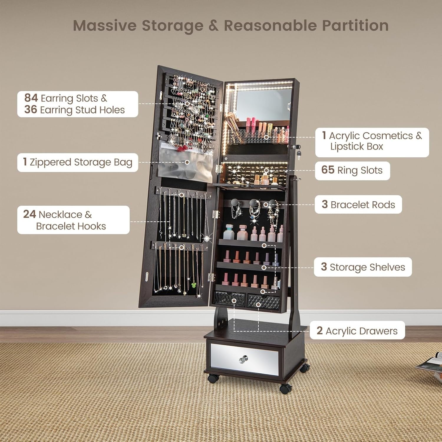 LED Standing Jewelry Armoire Lockable Mirror Cabinet with Wheels Coffee