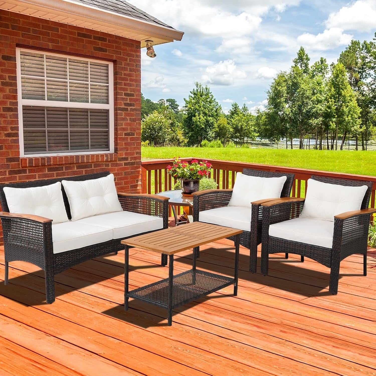 4PC Rattan Garden Lounge Set Loveseat Armchairs Coffee Table Cushioned