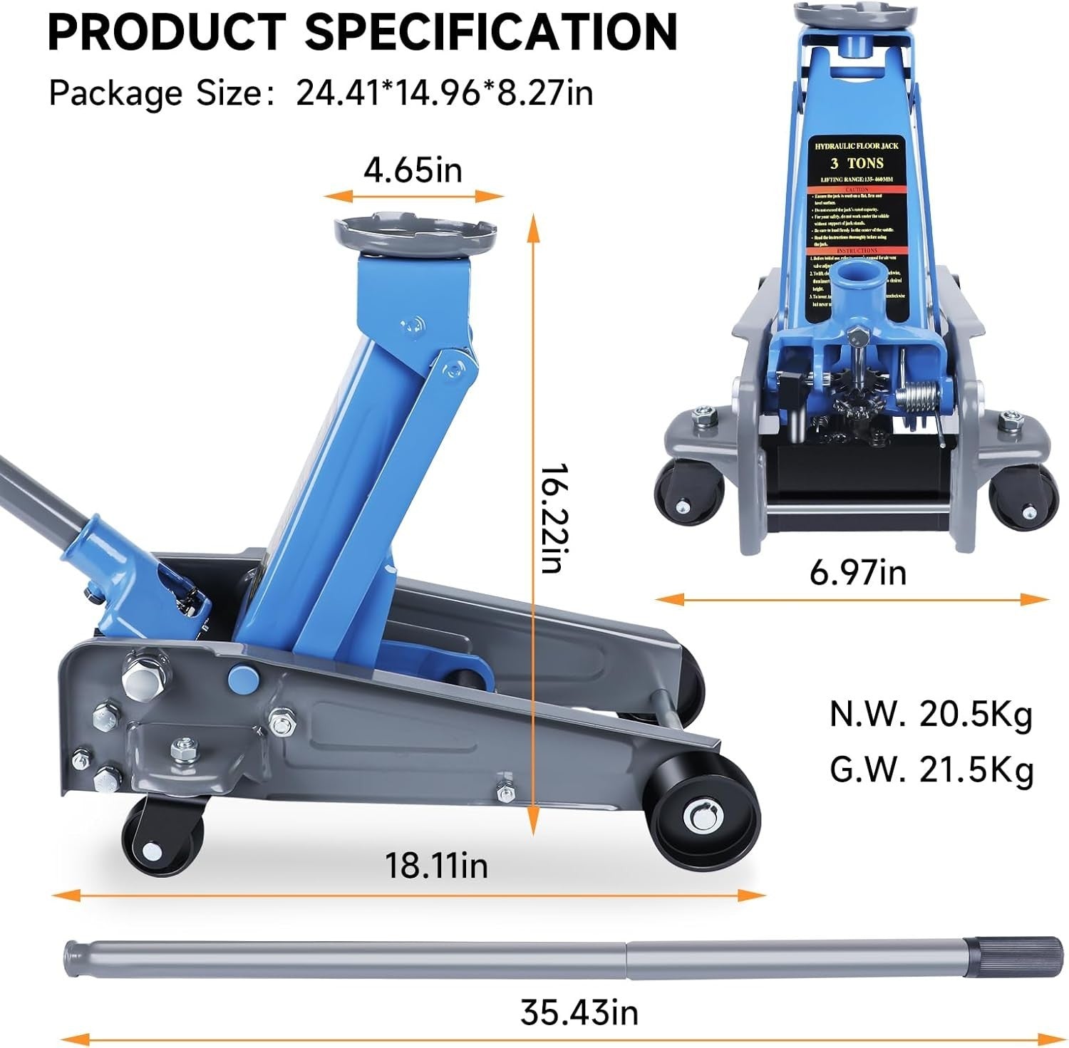 3 Ton Trolley Floor Jack Aluminum Steel Low Profile Car SUV Lift 133–460mm