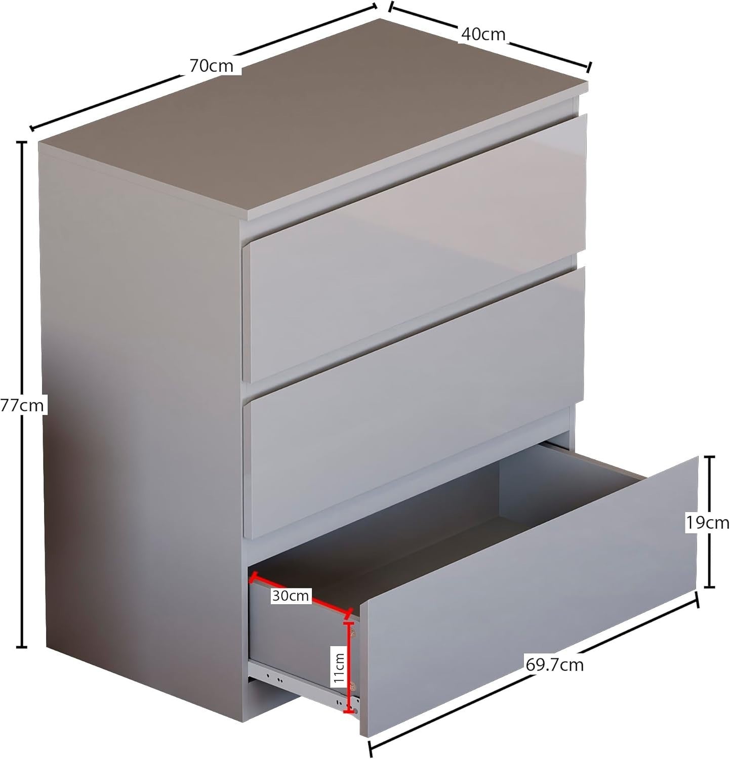 Modern Grey 3-Drawer Chest Storage Cabinet | Smooth Glide, Durable Wood