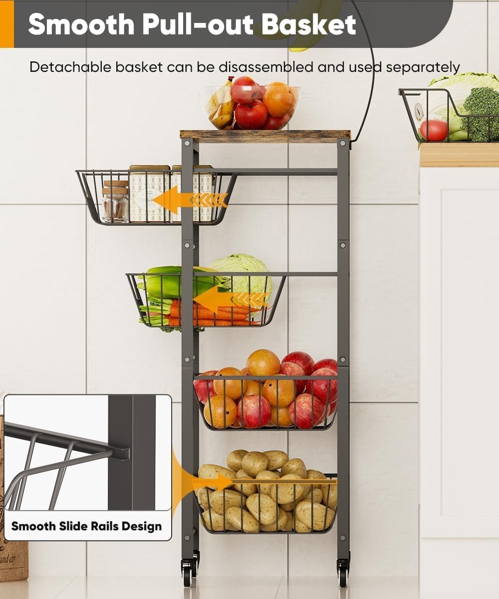 5 Tier Kitchen Storage Cart Pull Out Wire Baskets Fruit Vegetable Trolley