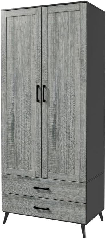 Modern Black 2 Door Wardrobe with Drawers & Hanging Rail - Bedroom Storage