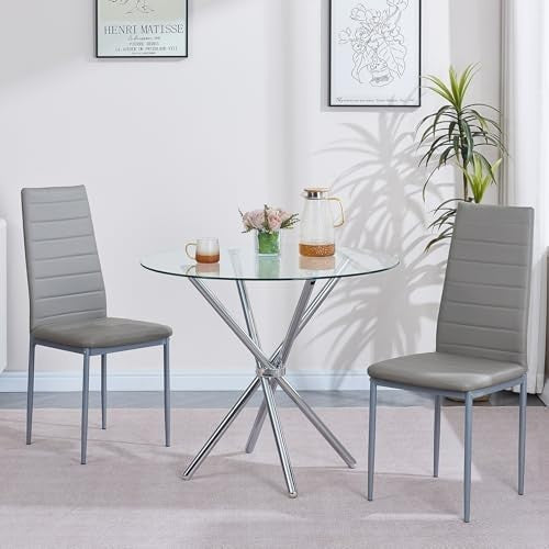 Round Glass Dining Table 90cm Silver Tempered Metal Legs Modern