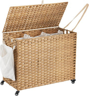 Large 200L Rattan Laundry Hamper on Wheels 3-Section Sorter with Lid & Bags