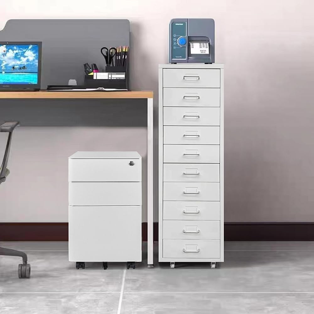 White Metal 10 Drawer Mobile Filing Cabinet Tall Office Storage on Wheels