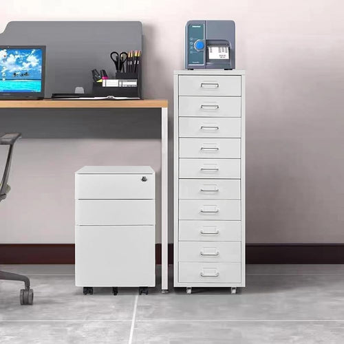 White Metal 10 Drawer Mobile Filing Cabinet Tall Office Storage on Wheels