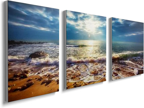 Sea Beach Wall Art Set of 3 Framed Canvas 12x16in Ocean Print