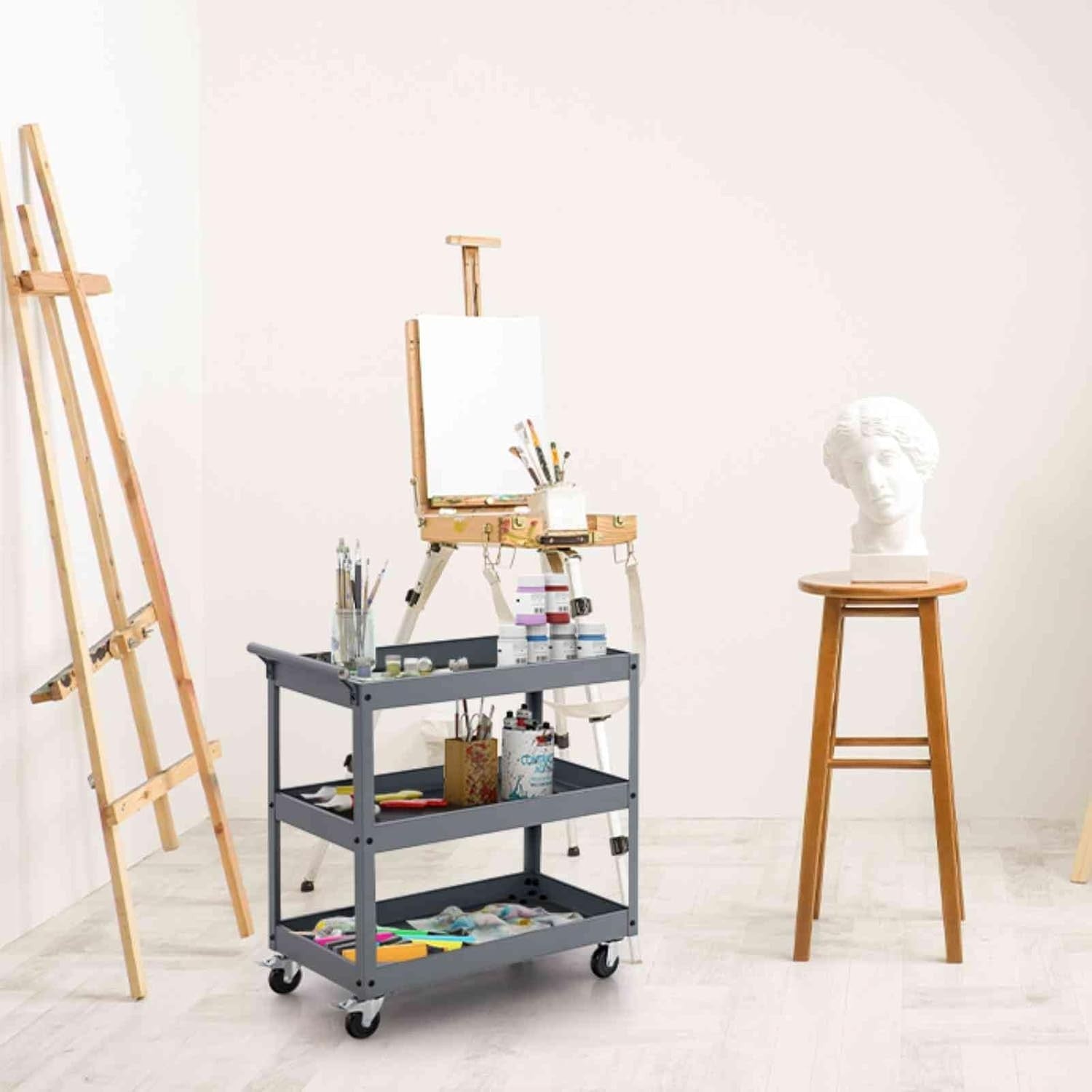 3-Tier Rolling Tool Cart Grey 76W x 38D x 78H cm Steel Mobile Trolley