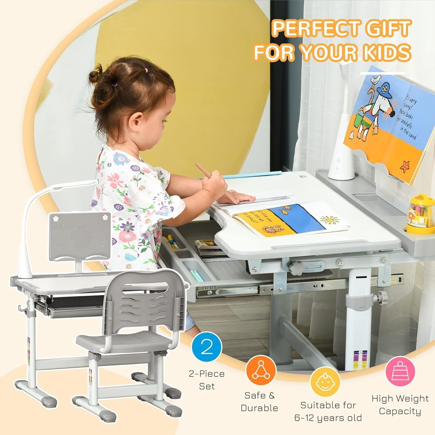 Height Adjustable Kids Study Desk Chair Set with Lamp & Storage Drawer
