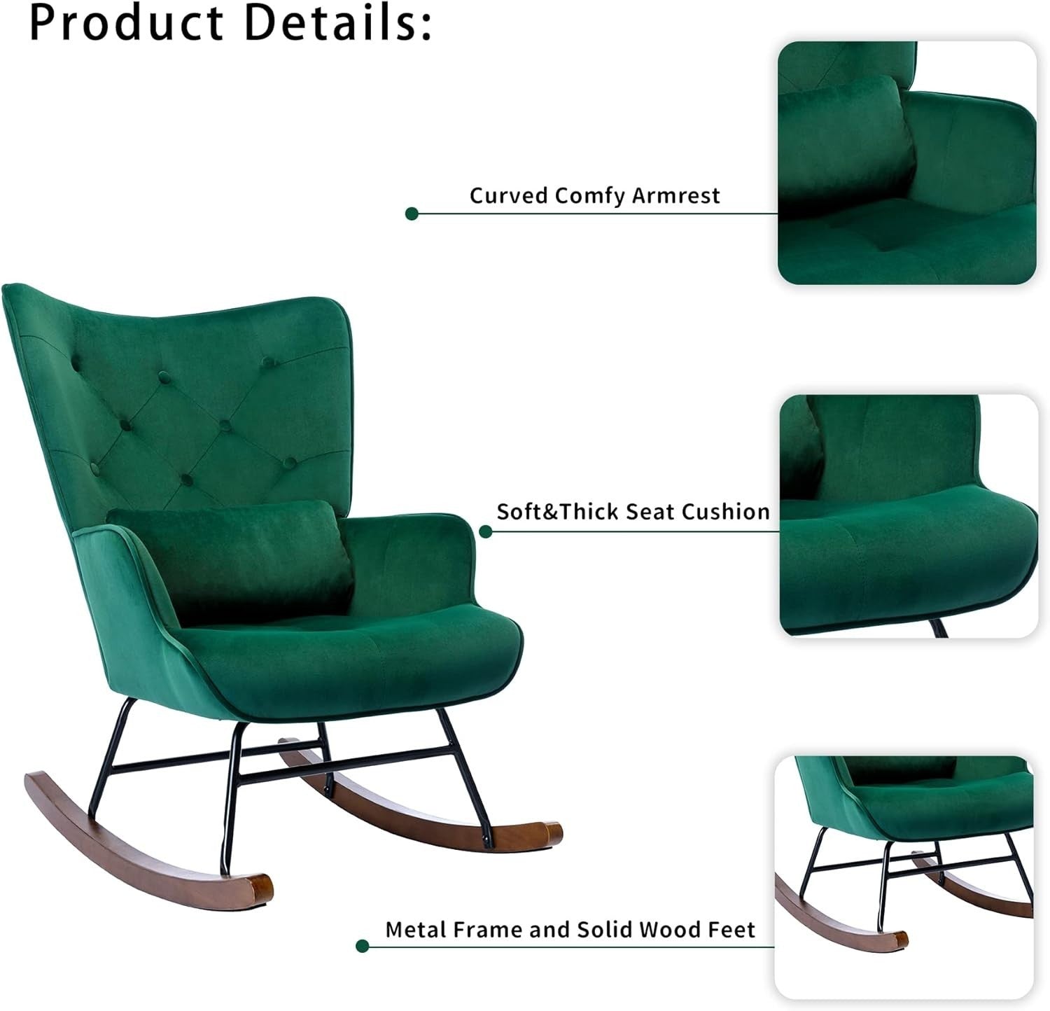 Velvet Rocking Chair for Adults – Comfy Armchair, Solid Wood Legs, Stylish Recli