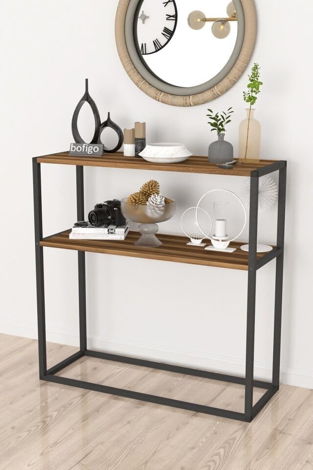 Slim Console Table with 2 Shelves – Modern Wood & Metal Frame Storage