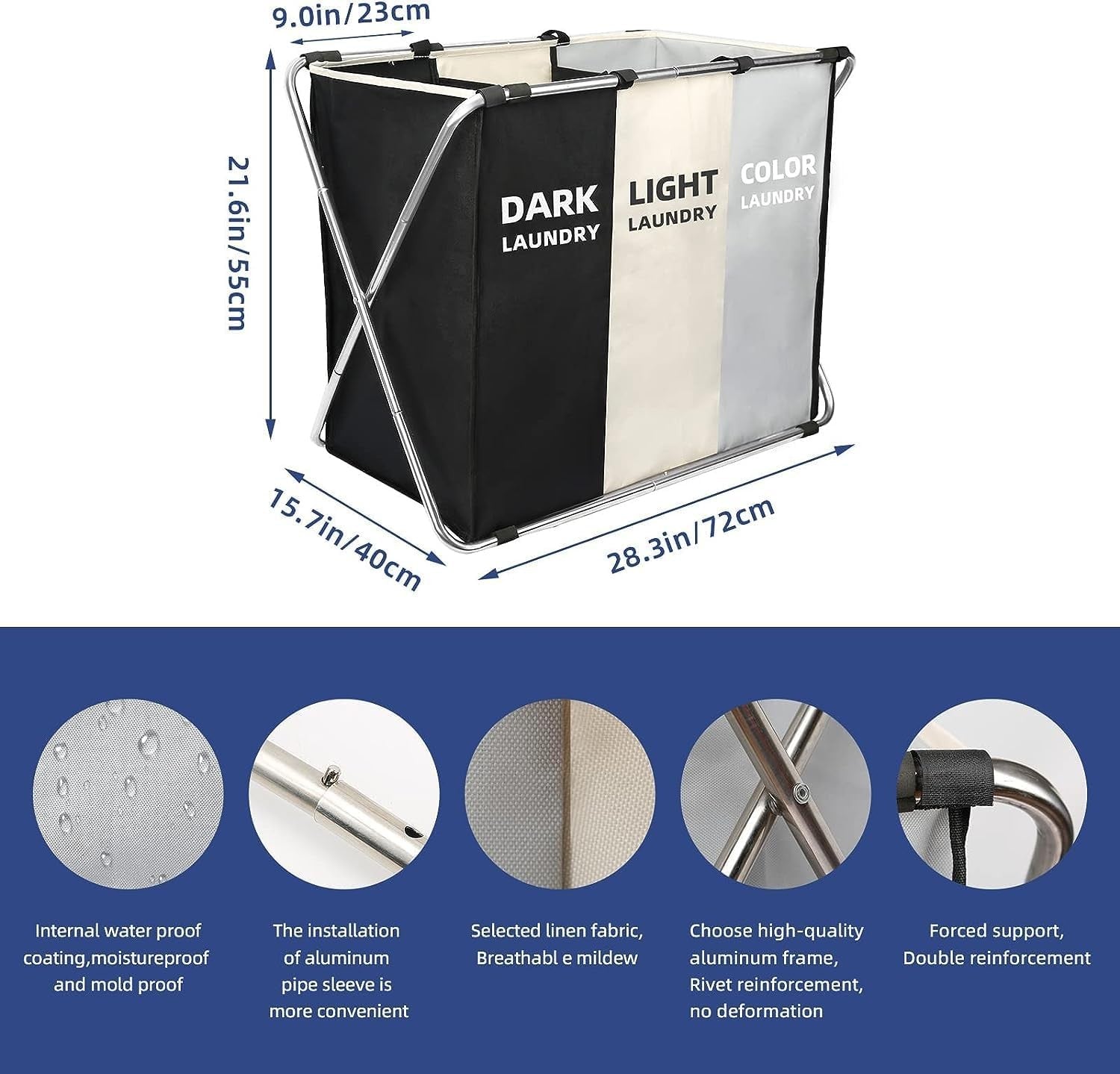 160L 3-Bag Laundry Sorter with Frame Dark Light Colour Clothes Hamper Organiser