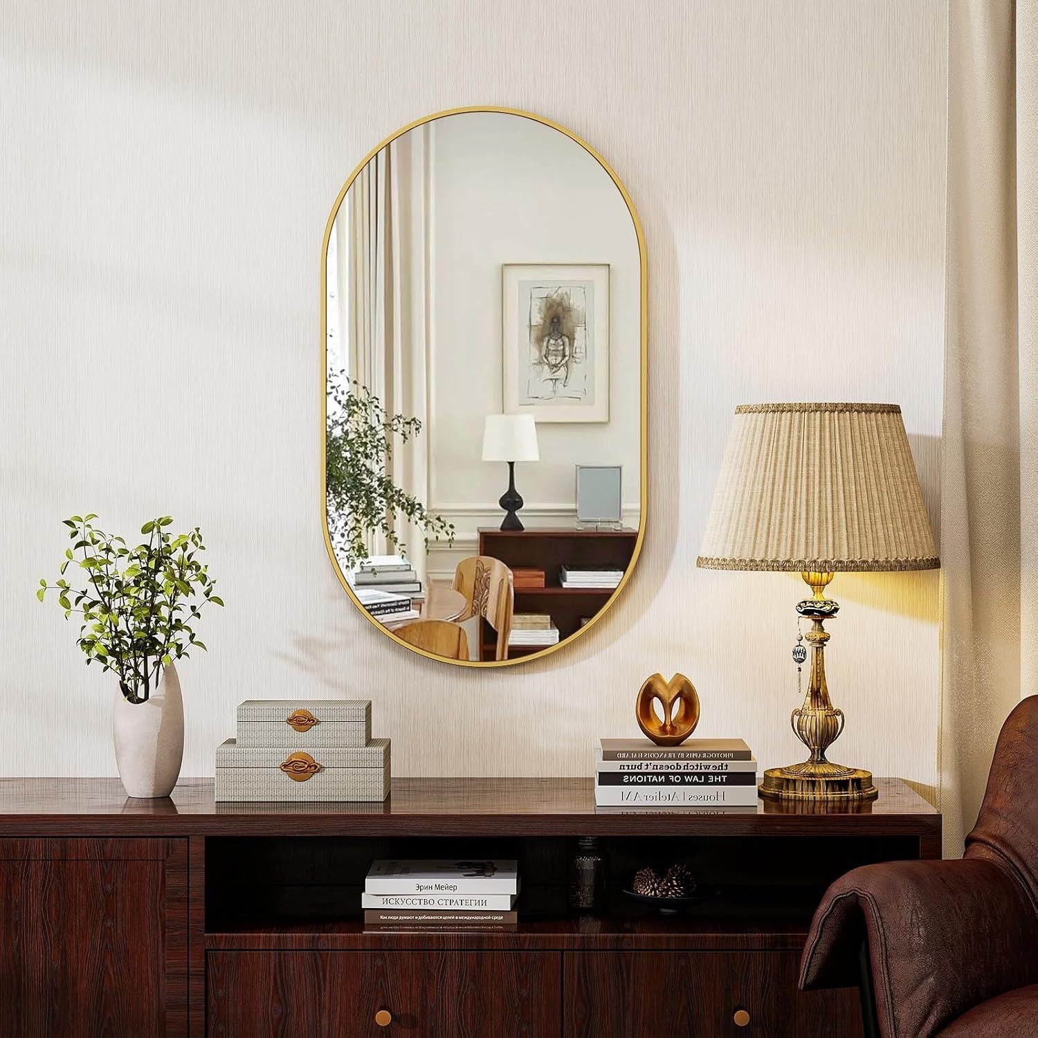 Oval Bathroom Wall Mirror 56x96 cm Tempered Glass Gold Frame, Distortion-Free