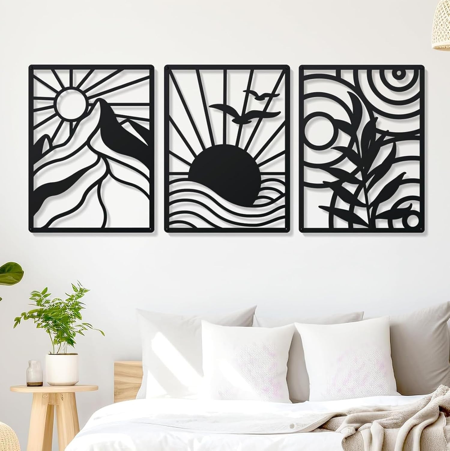 Large Metal Wall Art Set 3 Abstract Boho Black Minimalist Hanging Decor