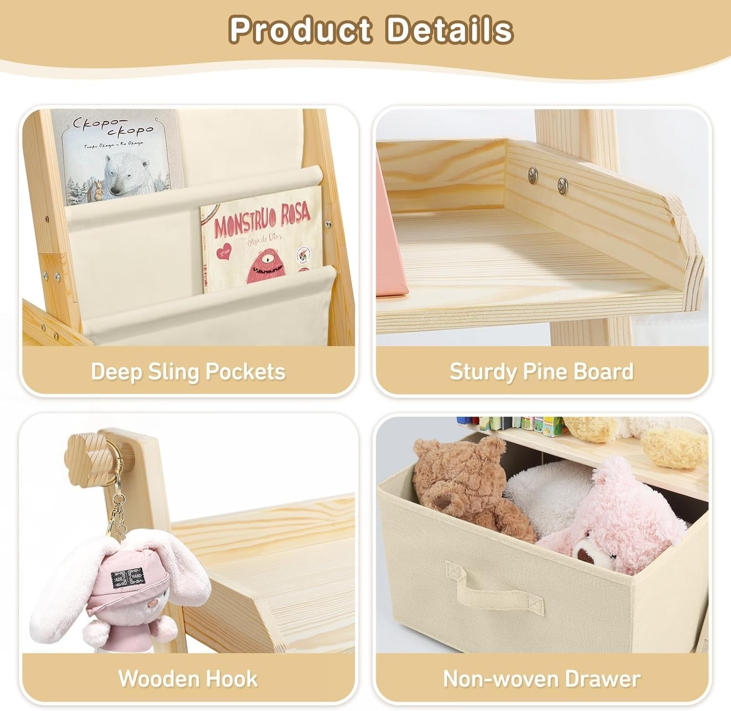 Unicorn Kids Bookcase & Toy Storage – 4-Tier Montessori Organizer Shelf