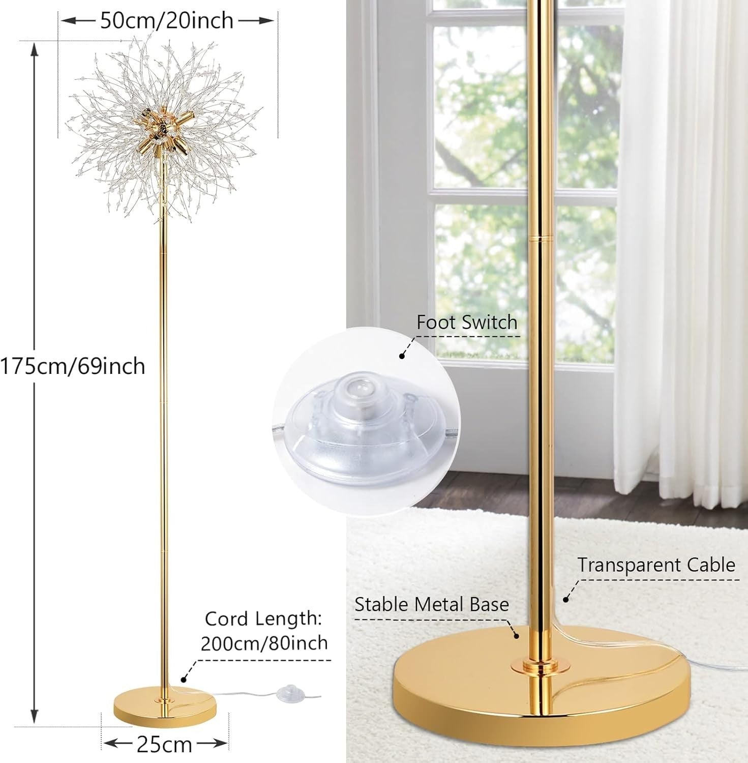 Elegant Crystal Fireworks Floor Lamp, 8-Light with Foot Switch, 175cm