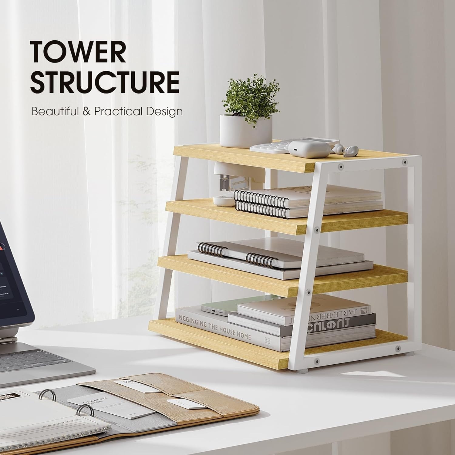 4 Tier Desk File Organizer Shelf A4 Paper Tray Wood Metal Office Rack