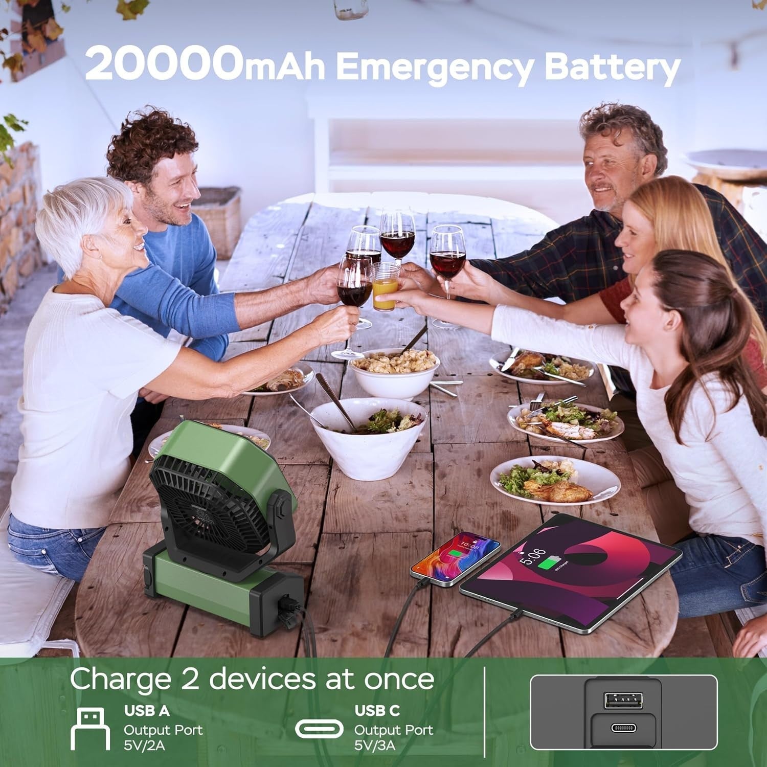 20000mAh Camping Fan – LED Desk Fan w/ Remote, Hook & Rechargeable Battery Green
