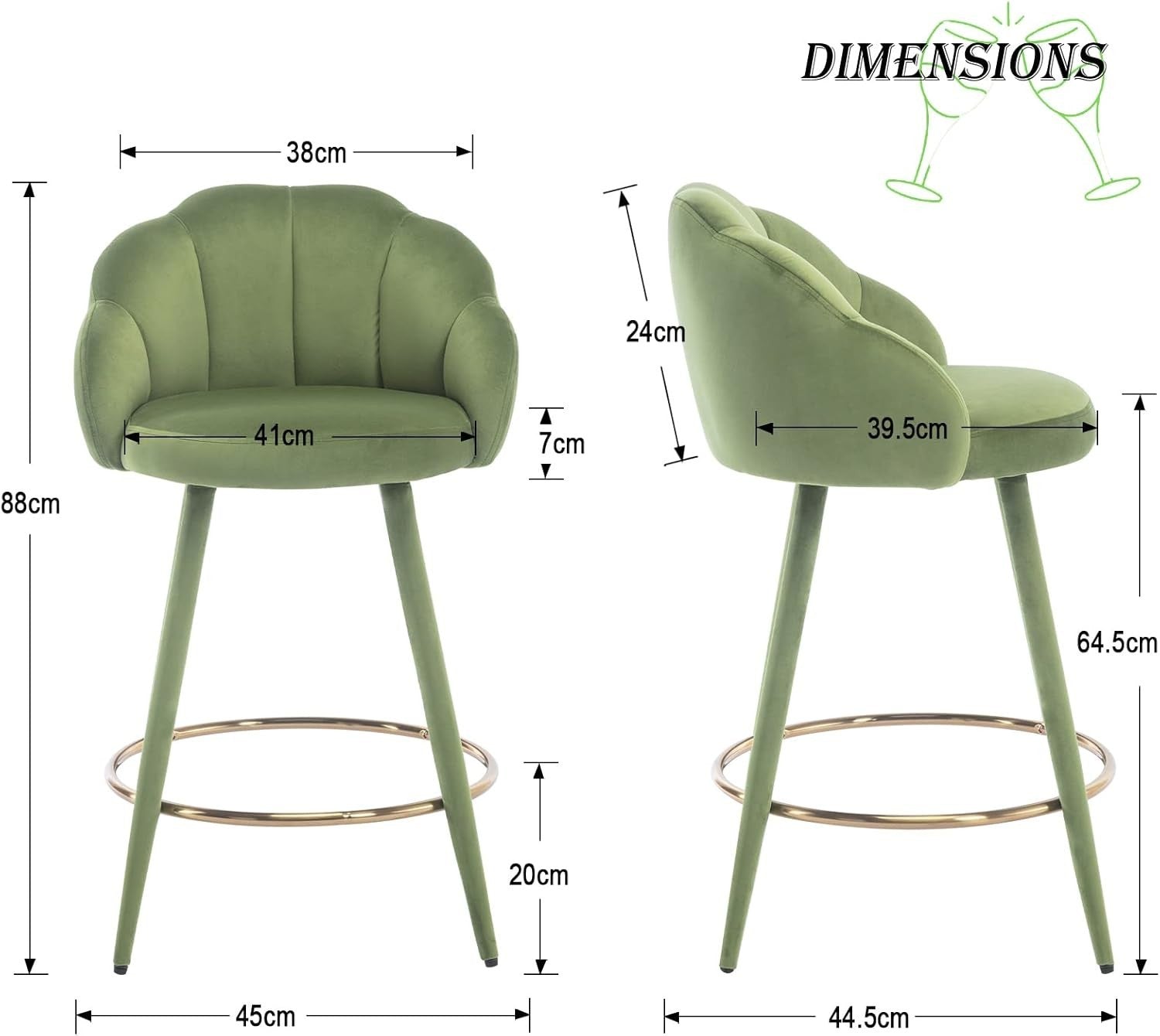 Green Velvet Bar Stools Set of 2 Modern Kitchen Counter Breakfast Chairs
