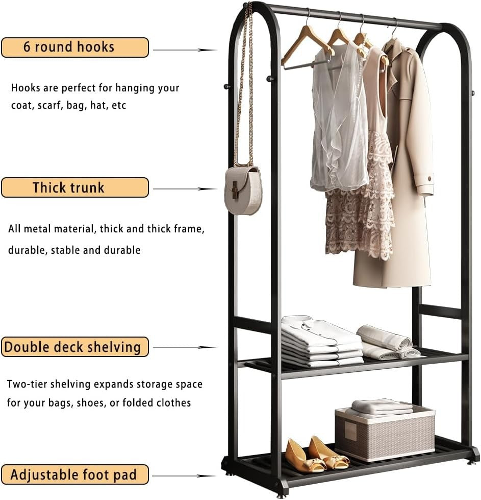 Heavy Duty Clothes Rail with Shelves & 6 Hooks Metal Rack