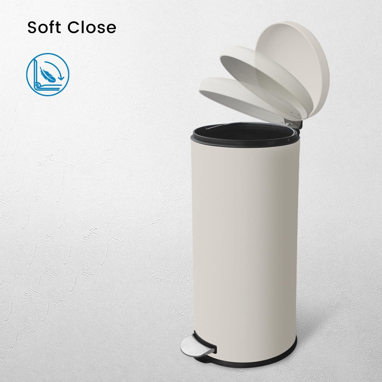 30L Round Stainless Steel Pedal Bin Soft Close Kitchen Cream