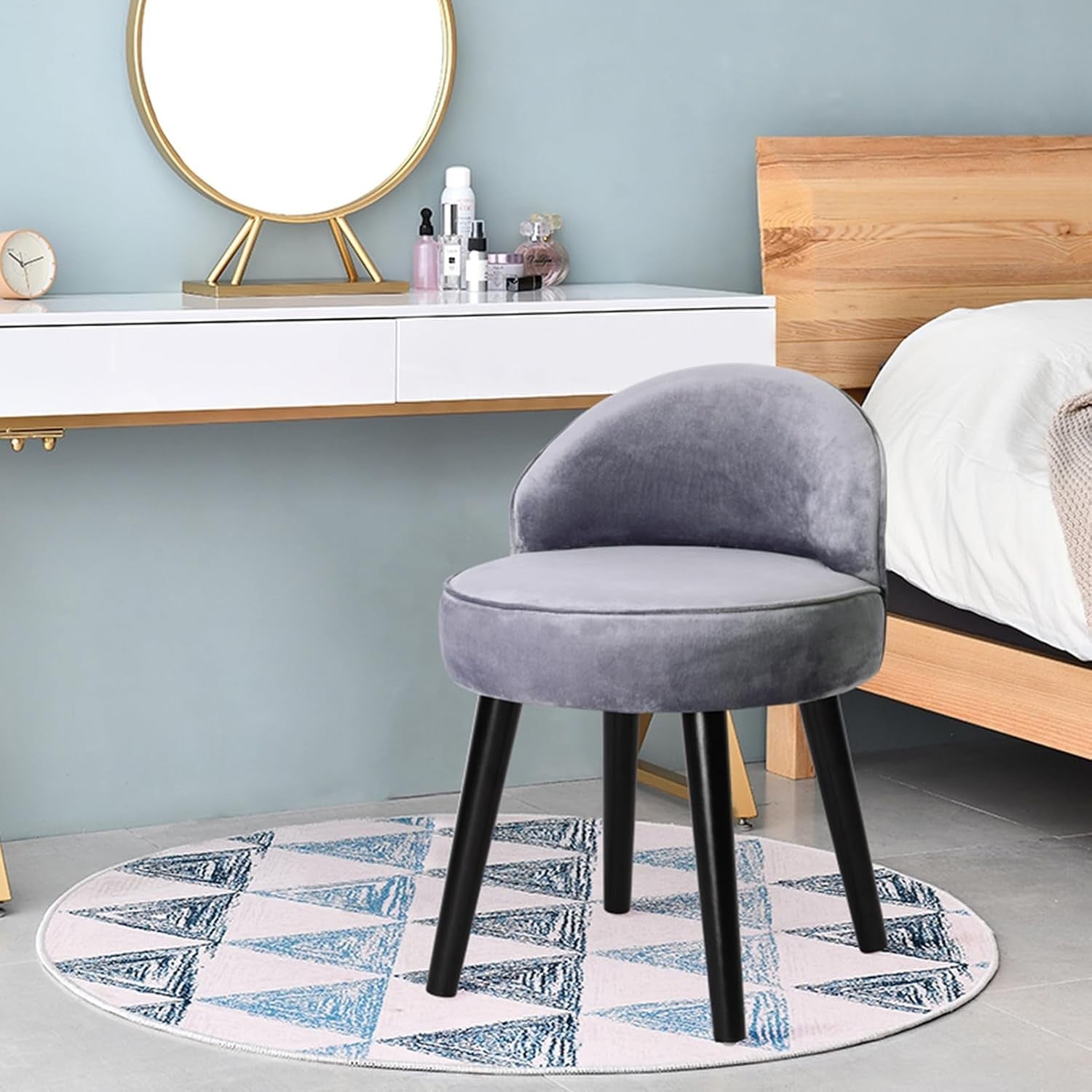 Grey Velvet Dressing Table Stool with Low Back – Soft Padded Vanity Chair