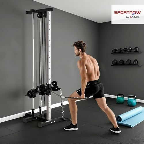 Adjustable Wall Mount Cable Machine, 15-Position Dual Pulley System Home Gym