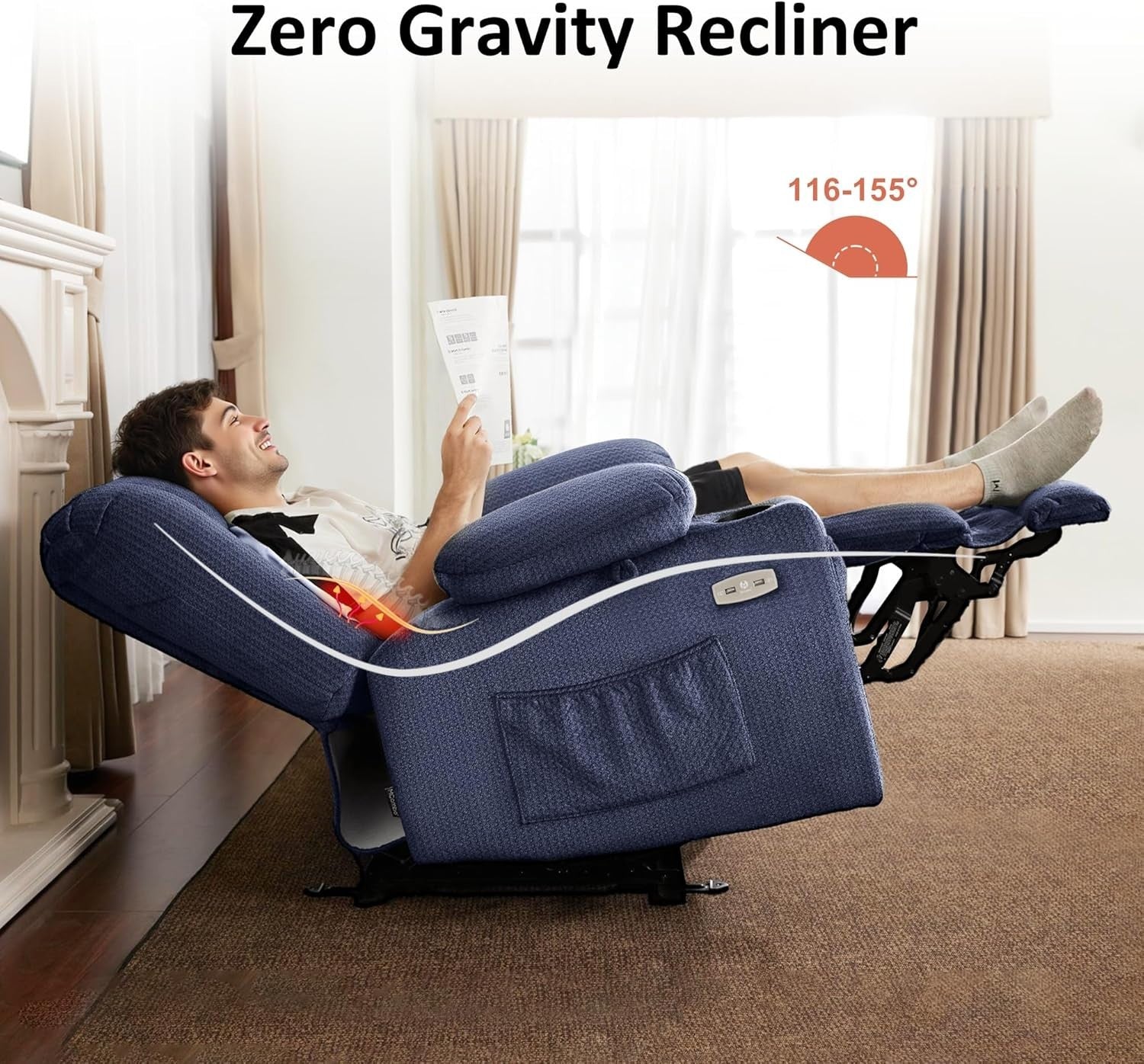 Zero Gravity Electric Recliner Chair Heat Massage Cup Holders Extended Footrest