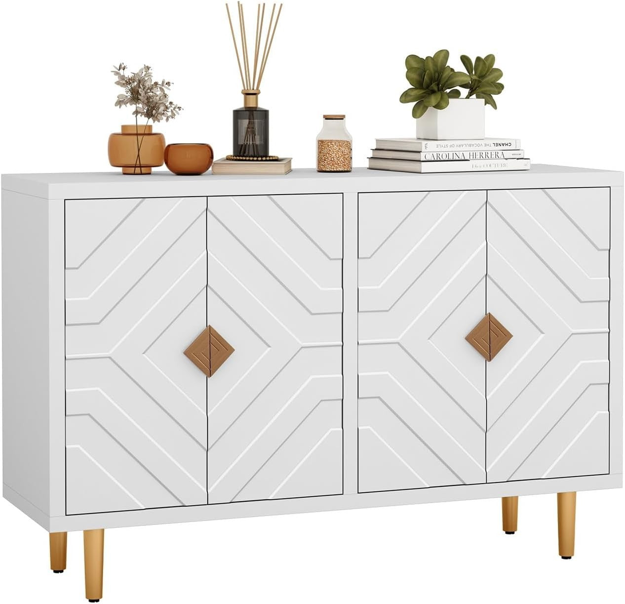 White Kitchen Sideboard Cabinet 4 Doors Storage Buffet Table with Shelves