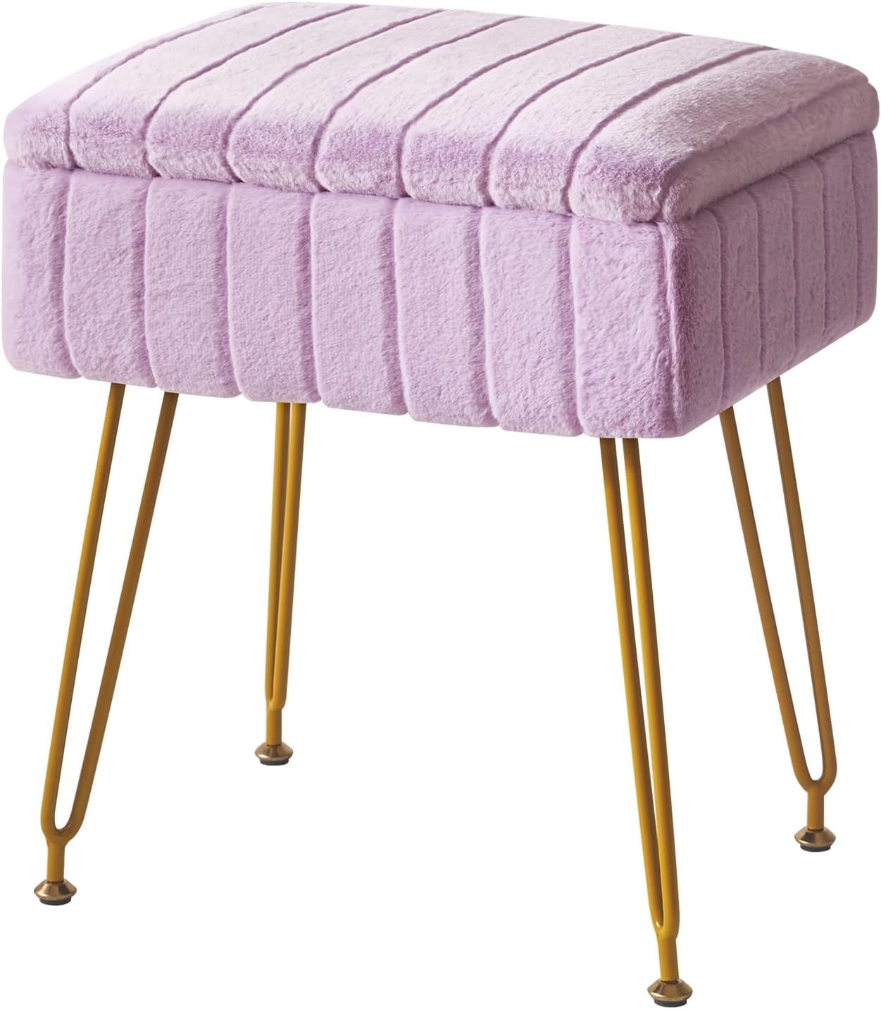 Purple Faux Fur Storage Footstool – Ottoman Stool with Metal Legs