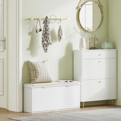 White Shoe Storage Bench with Cushion & Flip Drawers – Modern Hallway Unit