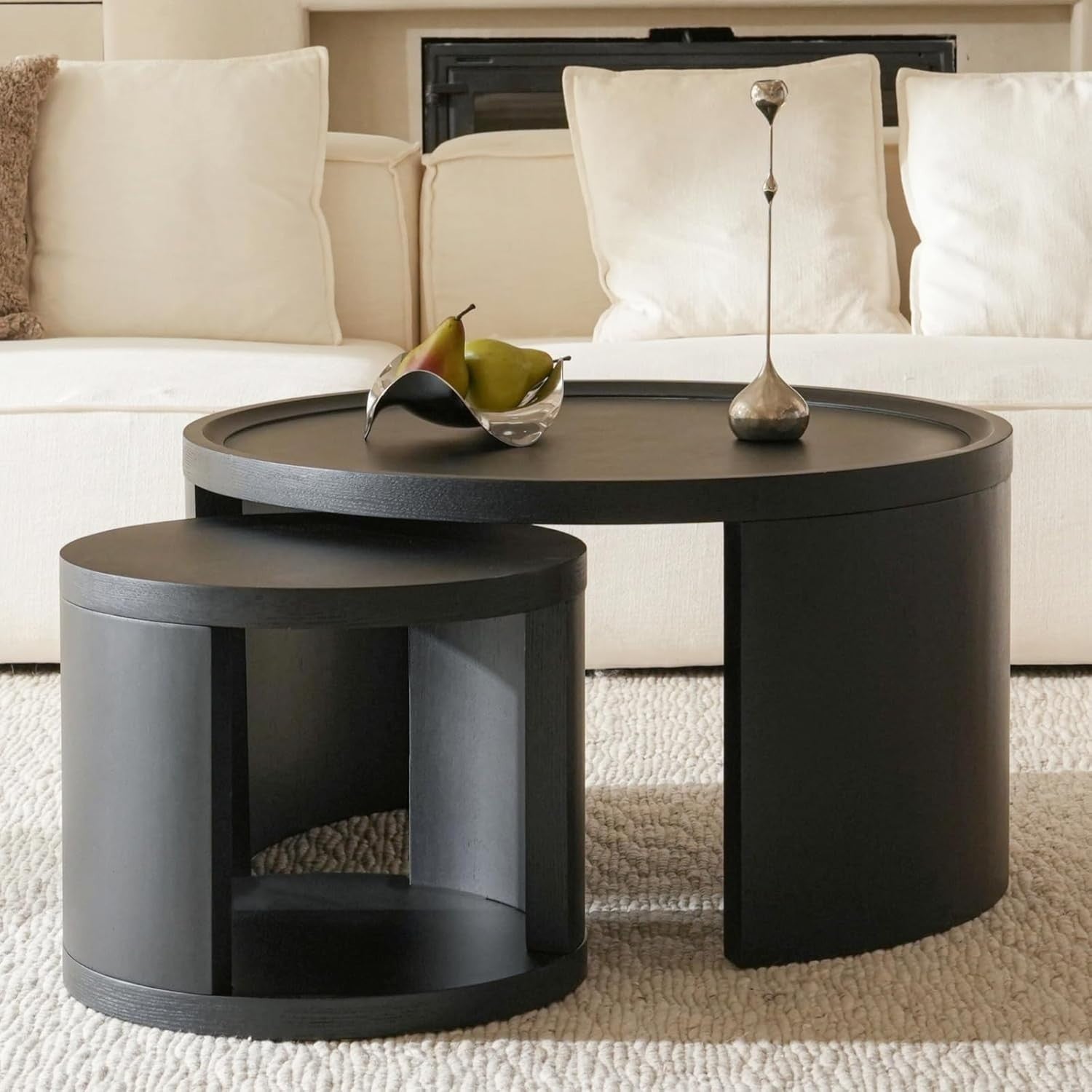 Set of 2 Round Coffee Tables, Pine Wood Side Tables, Black 80/46cm