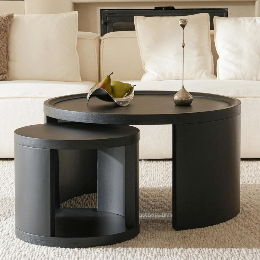 Set of 2 Round Coffee Tables, Pine Wood Side Tables, Black 80/46cm