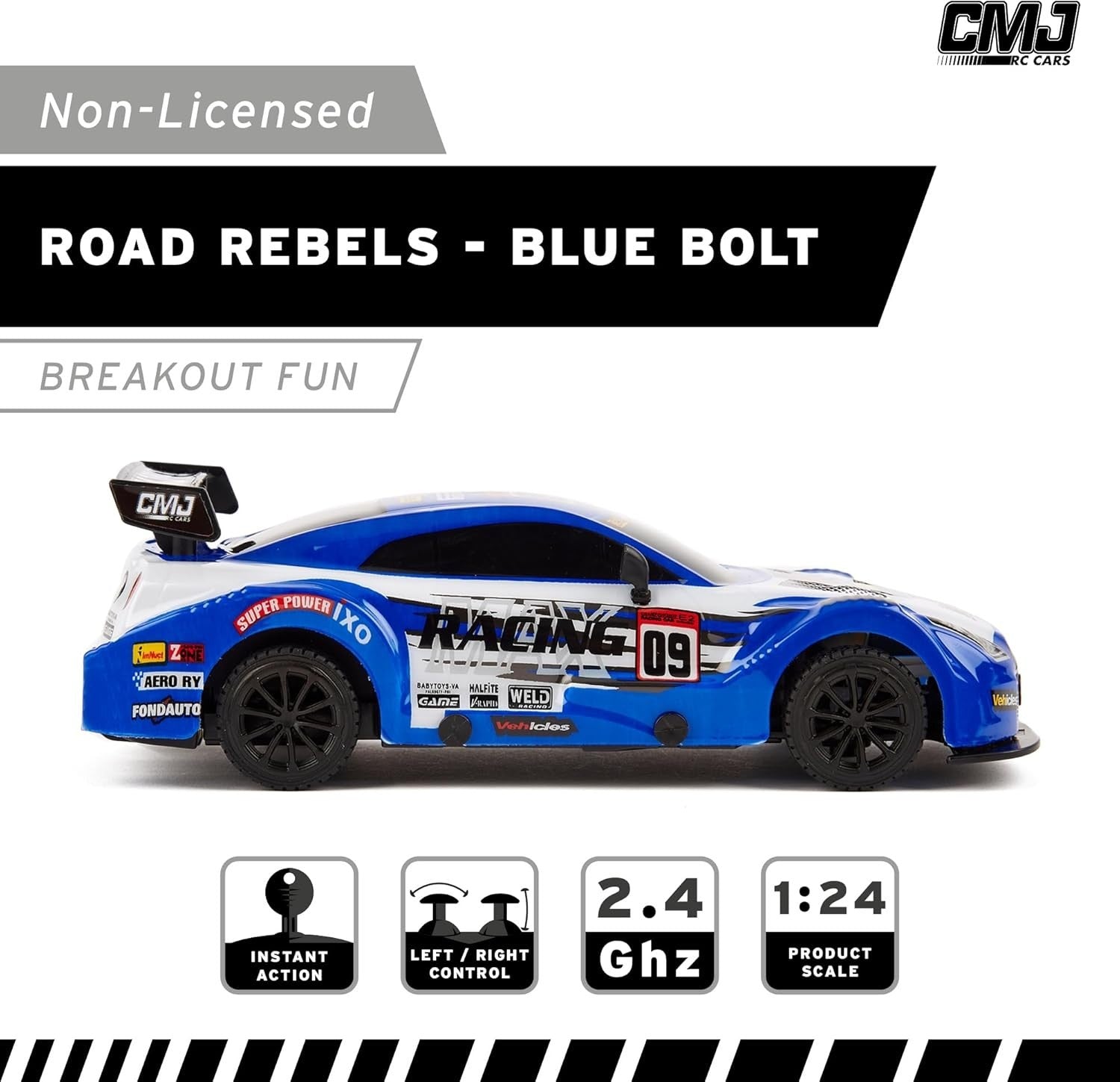 Road Rebel Blue Bolt RC Car 1:24 Scale 2.4GHz Racing Toy for Kids