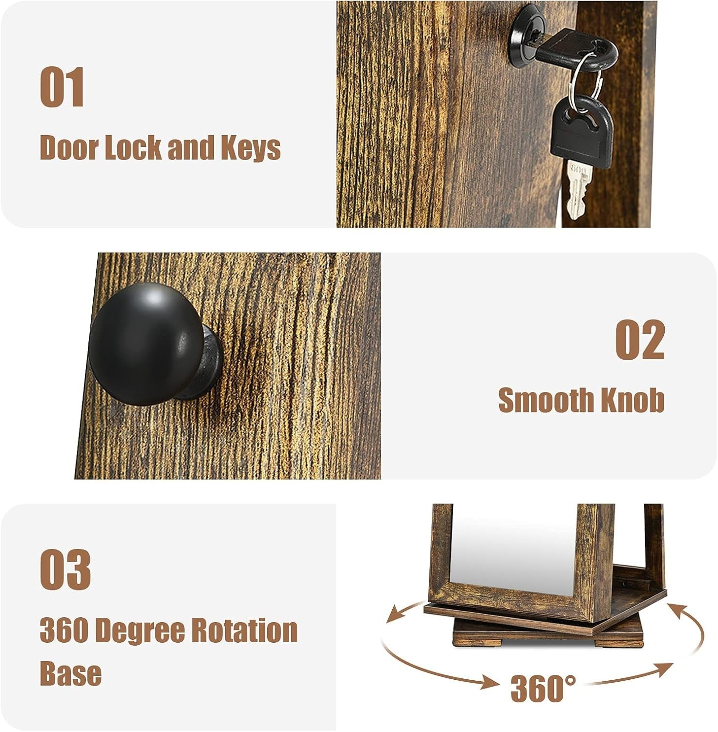 Rustic Brown 360° Swivel Jewelry Cabinet Mirror Lockable 3-in-1 Storage