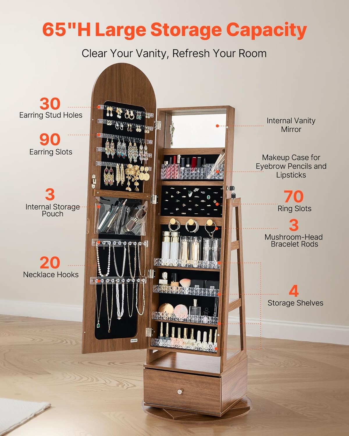 Rotating Jewelry Armoire 360 Swivel Full Length Mirror Lockable Storage