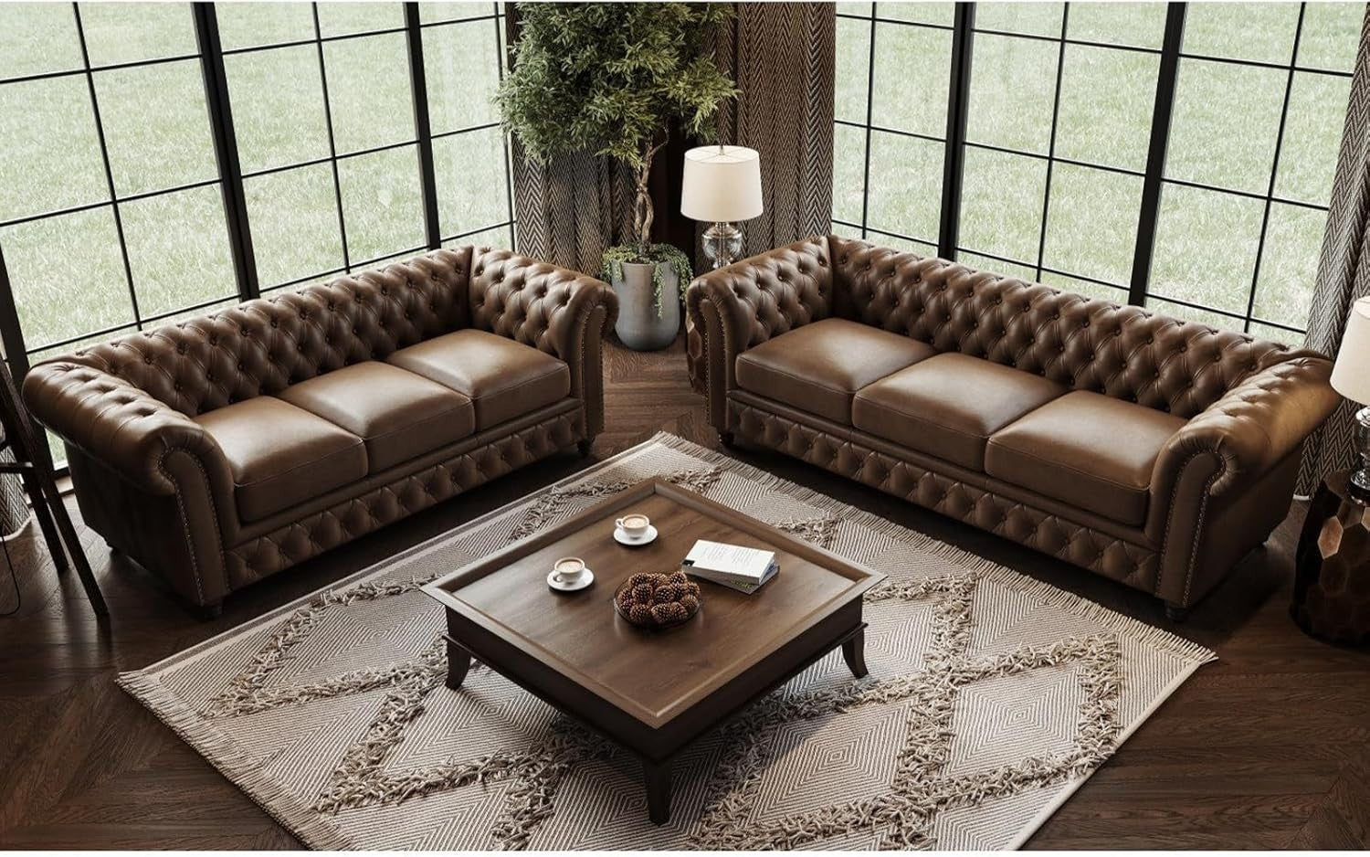 92" Chesterfield Full-Aniline Leather Sofa 3 Seater Classic Chocolate Couch