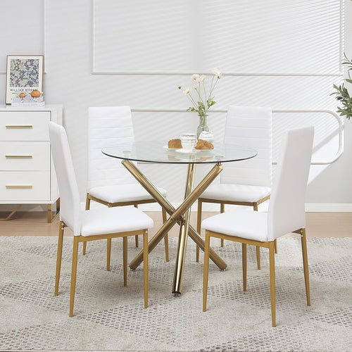 Gold Round Glass Dining Table Set 4 White PU Chairs Compact Kitchen